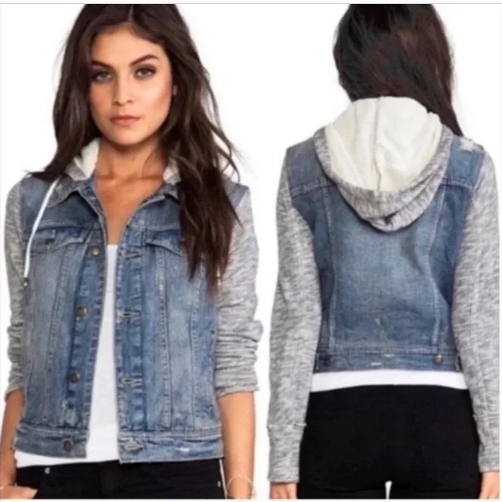 Free People Hooded Denim Jacket Size XS Cotton Distressed Removable Hood - Picture 3 of 13